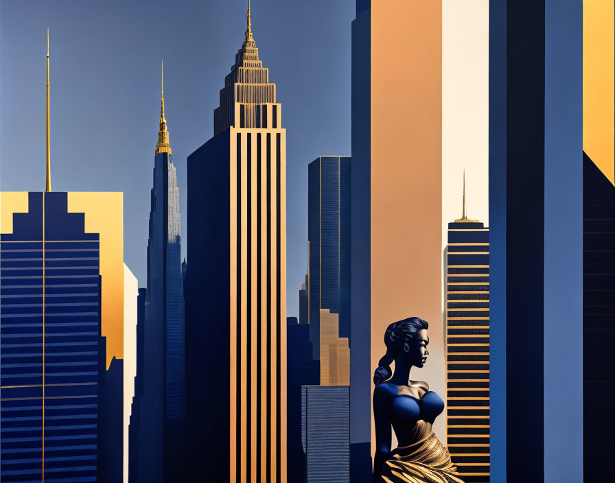 Woman admiring cityscape with blue, gold, and brown skyscrapers