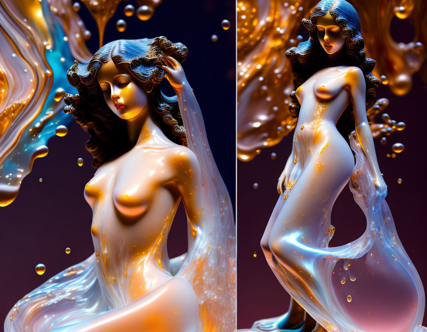 Stylized 3D Female Form with Liquid Gold on Dark Background