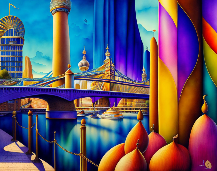 Colorful surreal cityscape painting with whimsical buildings and bridges