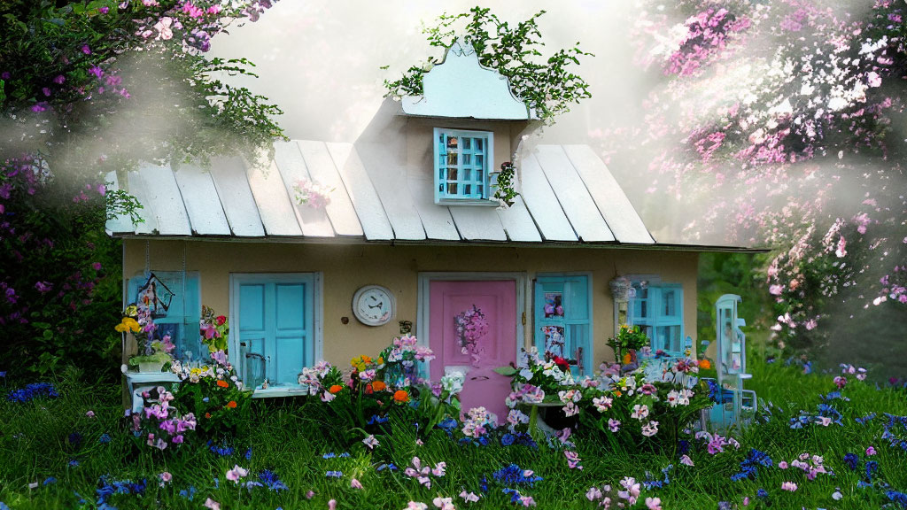 Miniature house surrounded by vibrant flowers and snow-covered roof under a flowering tree canopy