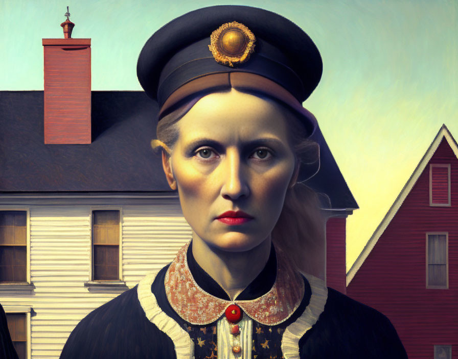 Vintage uniform portrait of stern-faced woman against clear sky and traditional buildings