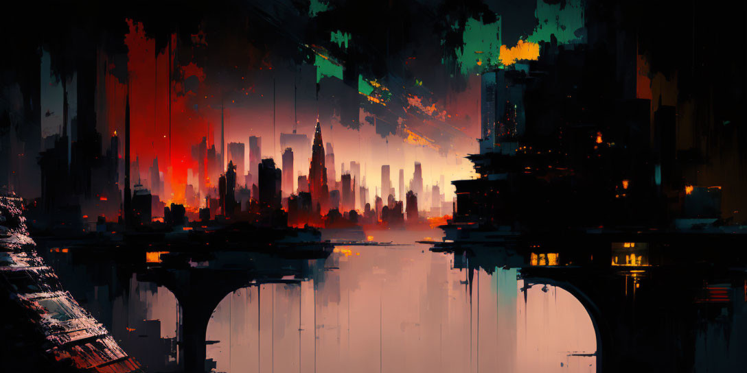 Vivid Cyberpunk Cityscape in Red and Blue Dusk Glow