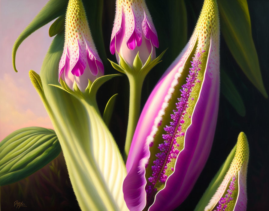 Detailed digital painting of pink and white foxglove flowers in lush green surroundings