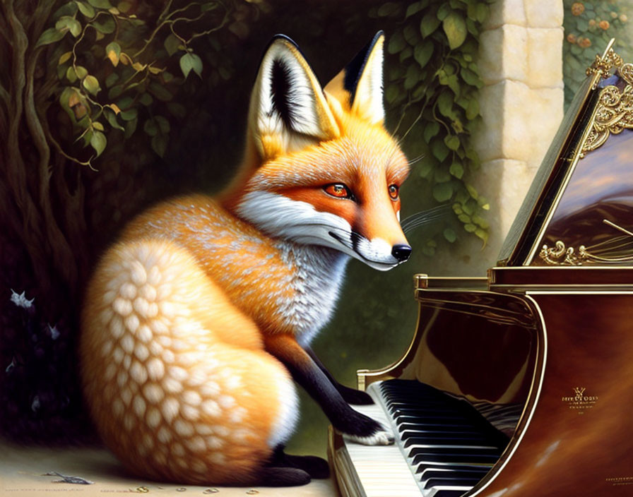 Red Fox Playing Piano in Serene Natural Setting