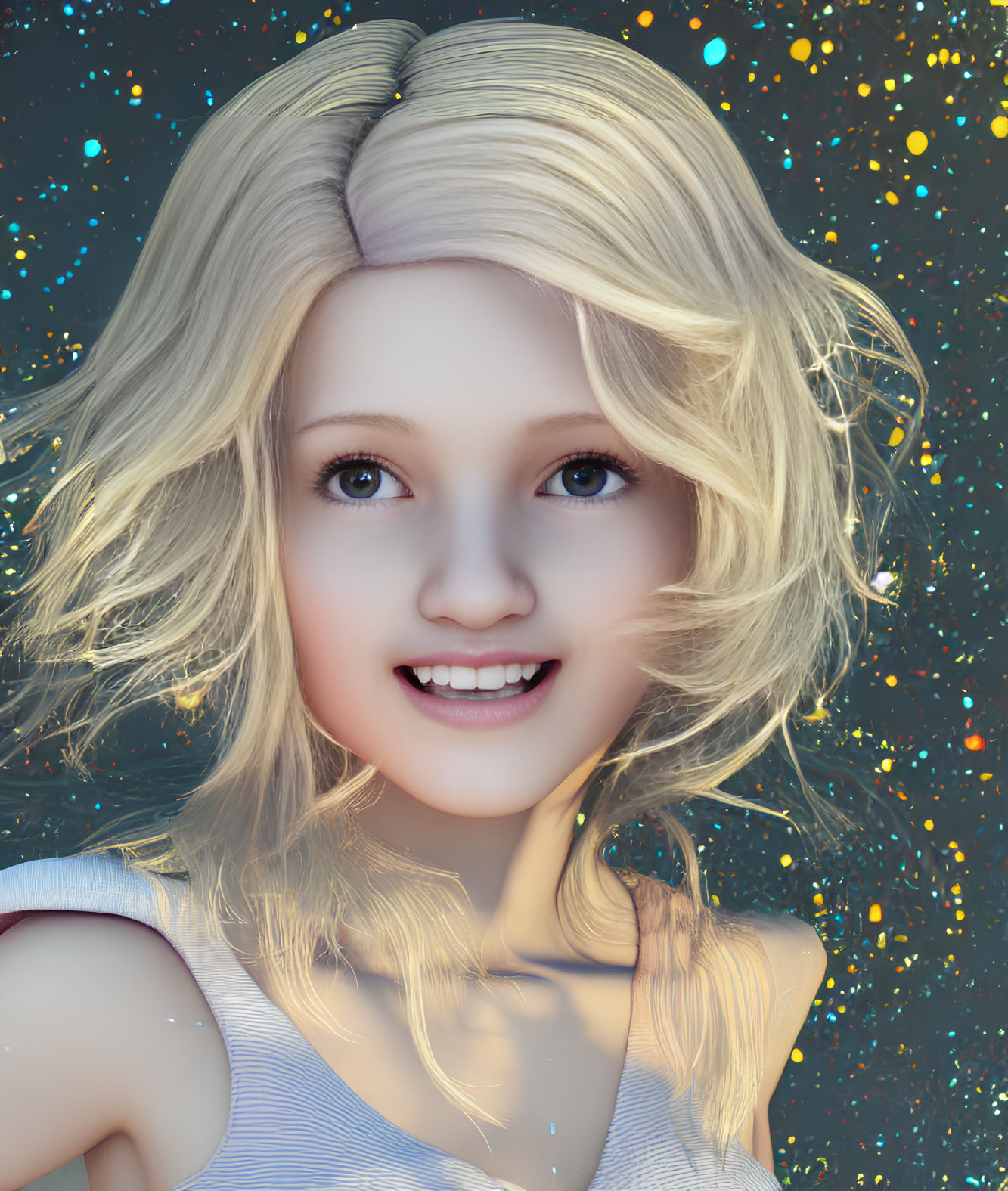 Blonde 3D Female Character Smiling with Magical Sparkles