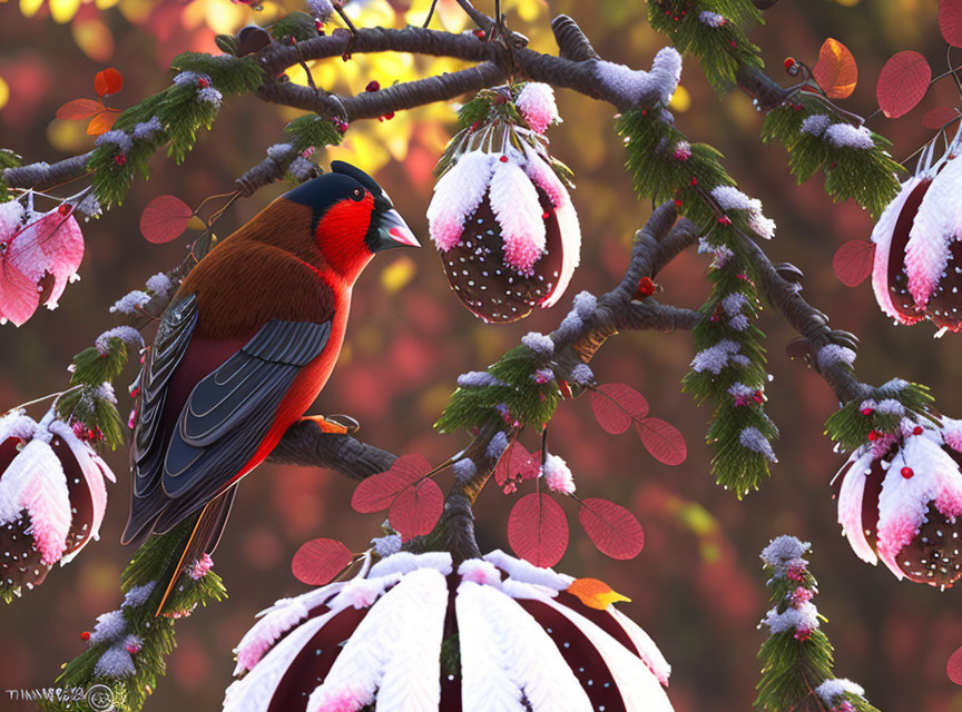 Colorful cardinal on snow-dusted branch with ornaments in crimson foliage