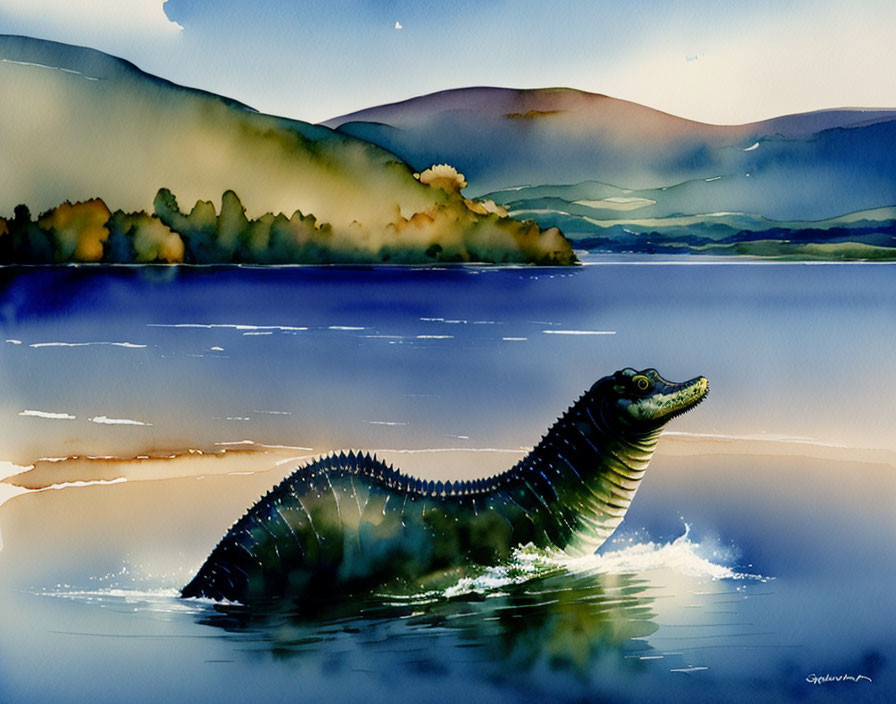 Watercolor Loch Ness Monster in Tranquil Waters