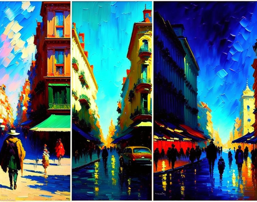 Vibrant Impressionistic Cityscape Triptych Paintings