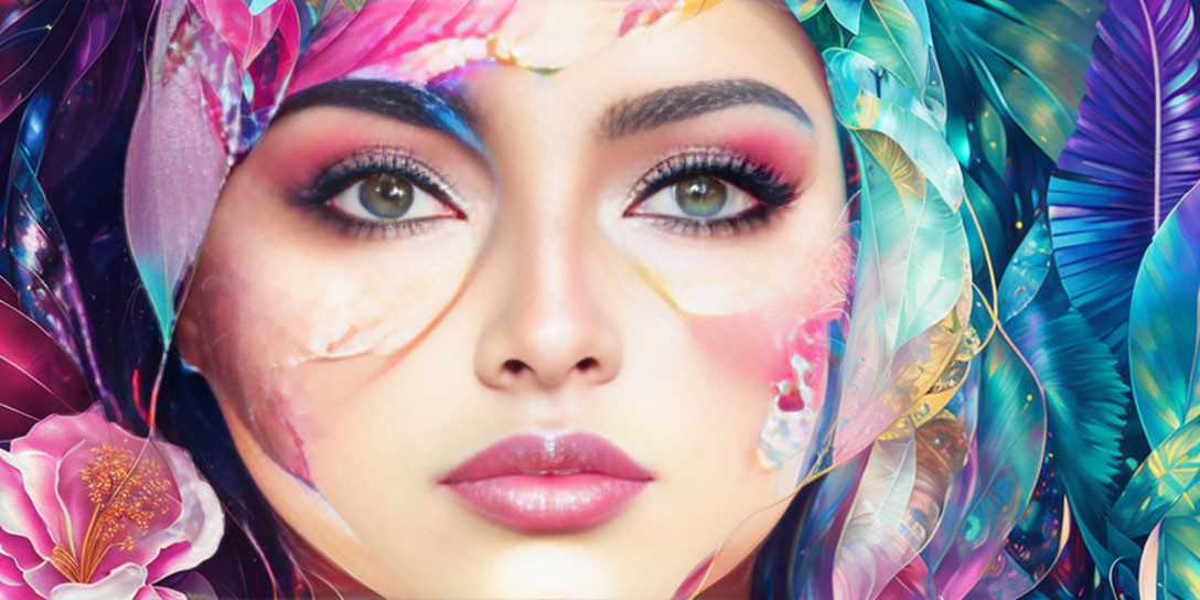 Vibrant digital artwork: Woman with colorful makeup and abstract butterfly wing patterns