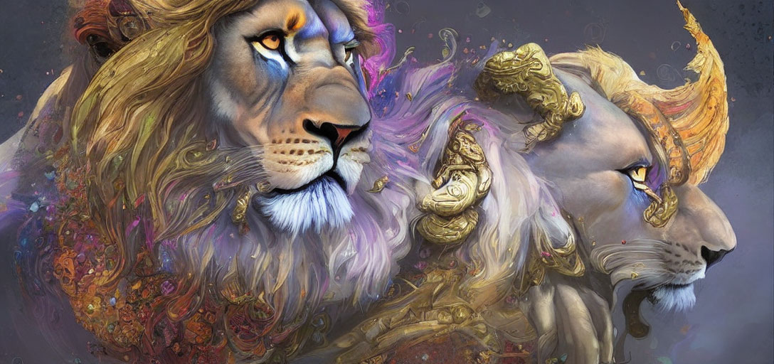 Stylized lions with golden embellishments on cosmic mane.