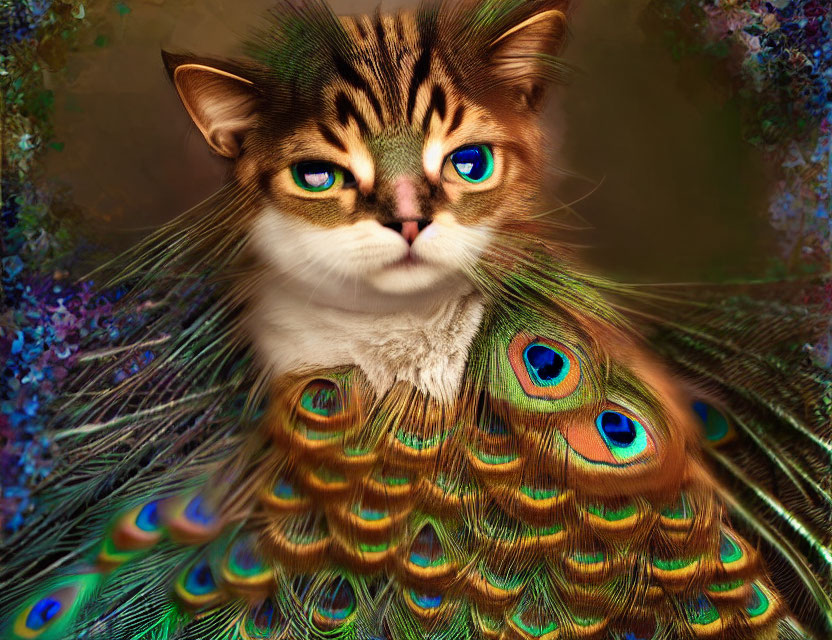 Digital Artwork: Cat Face with Peacock Body, Vibrant Feathers & Blue-Green Eyes