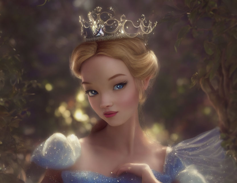 Animated princess with silver tiara and blue dress in forest setting