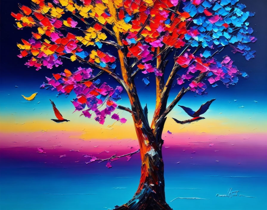 Colorful Tree Painting: Red, Pink, Blue Leaves & Birds in Sunset Sky