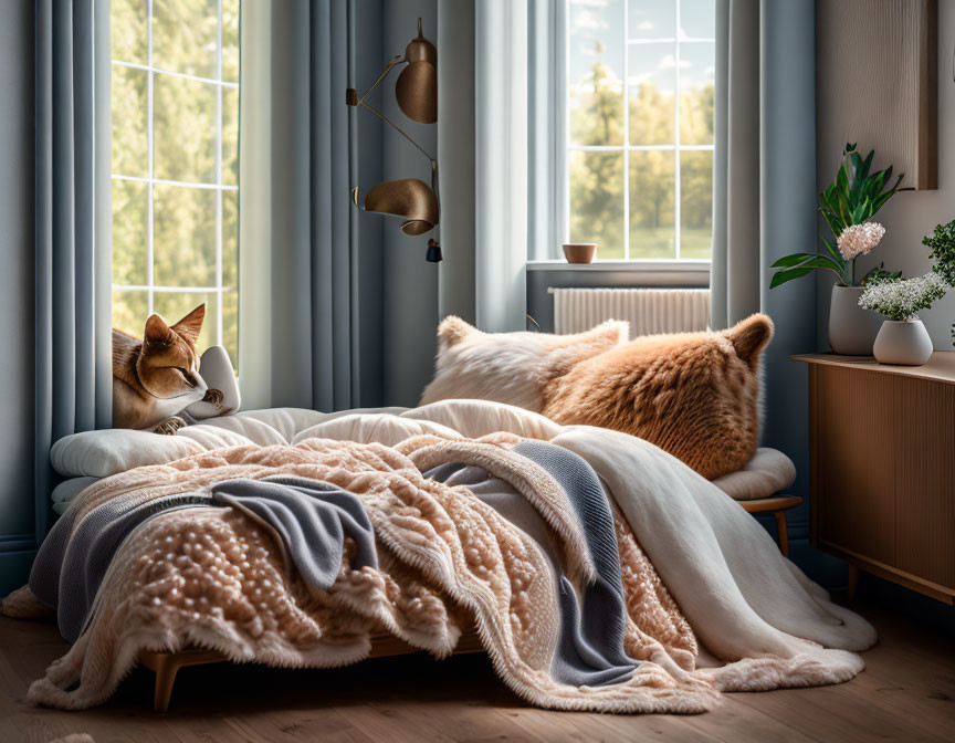 Neatly made bed with sleeping dog in cozy room