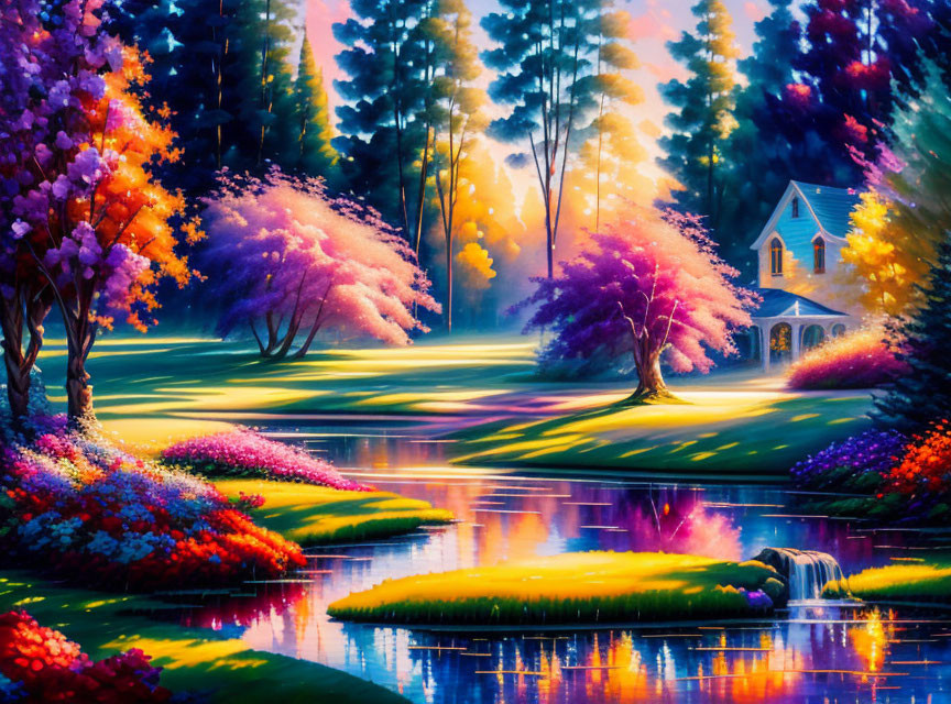 Colorful Landscape Painting with Blossoming Trees, Pond, Cottage, and Setting Sun