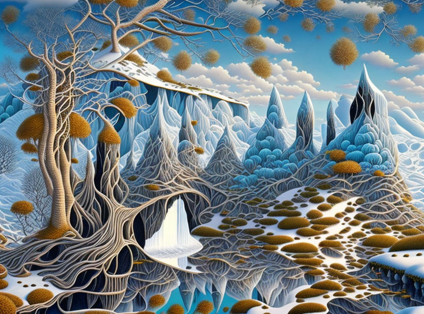 Intricate surreal landscape with trees, mountains, and waterfall