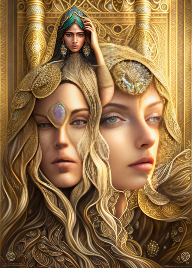 Digital artwork featuring two women in ornate golden headpieces and jewelry, set against intricate golden patterns.