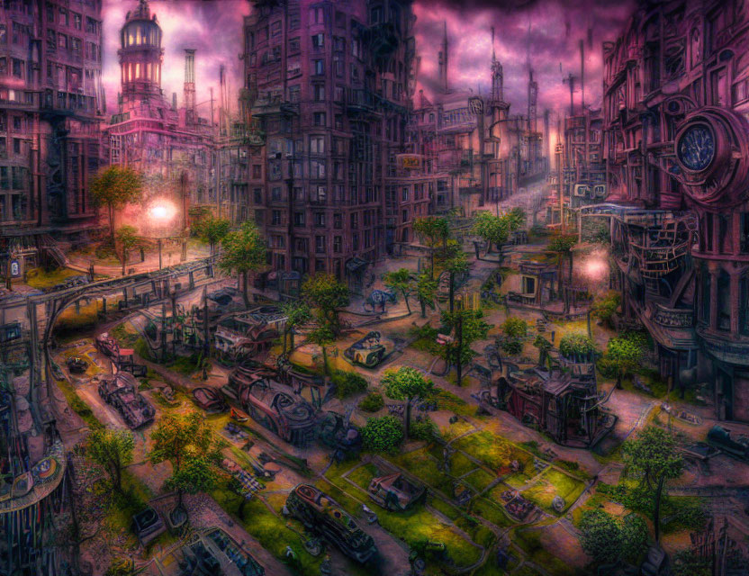 Dystopian cityscape with overgrown vegetation and abandoned vehicles at twilight