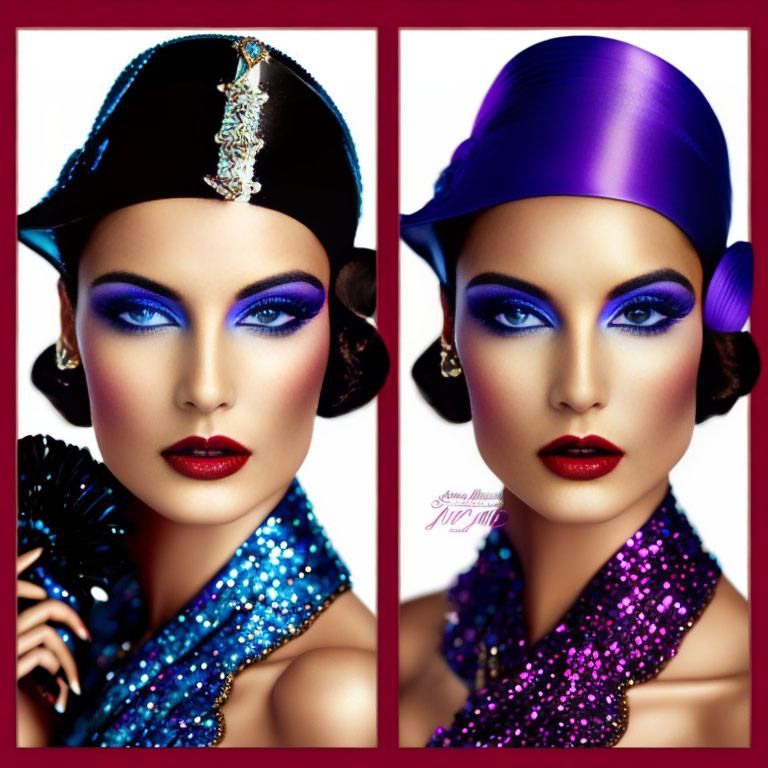 Woman in Blue and Purple Makeup with Sequined Garments and Headpieces