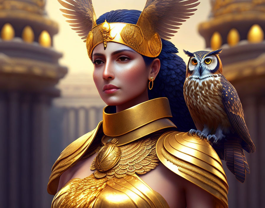 Elaborate golden armor woman with owl in ancient Greek setting