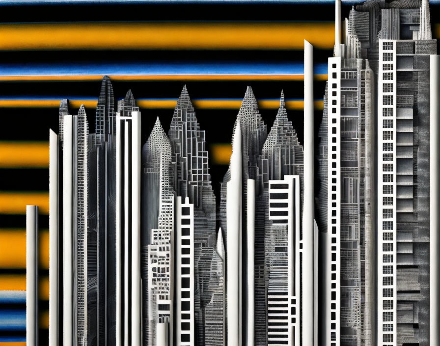 Monochrome city skyline with skyscrapers on yellow and blue background