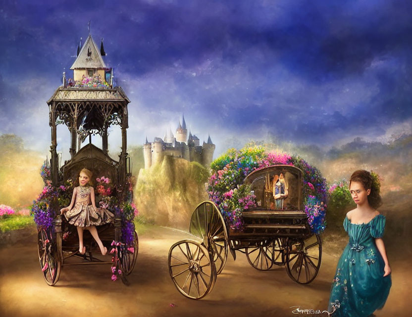 Fantastical scene: two girls, flower-adorned carriage, castle, dramatic sky