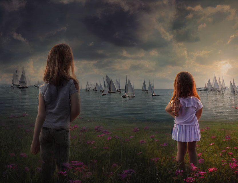 Children watching sailboats by lakeshore at dusk with pink flowers and dramatic sky