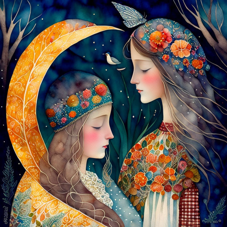 Stylized female figures with floral motifs and crescent moon in nature-inspired scene