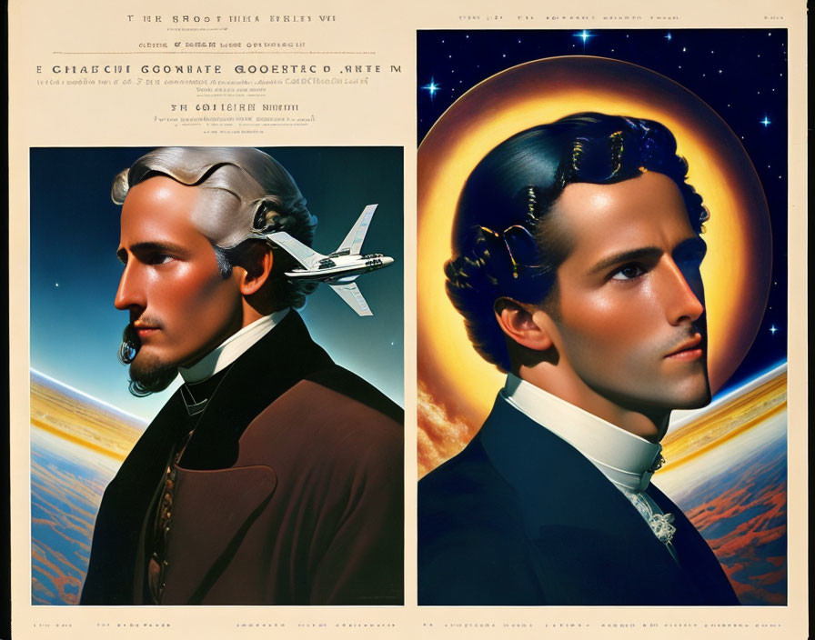 Split portrait of a man in traditional and modern attire with airplane and cosmic background