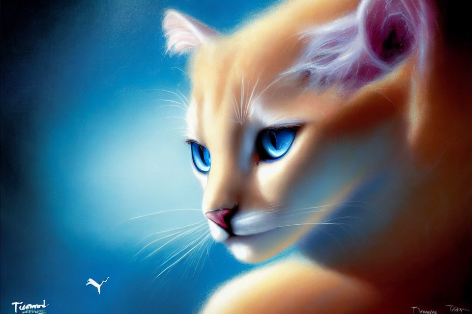 Digital Art: Cat with Blue Eyes, White & Orange Fur on Blue Background with White Bird