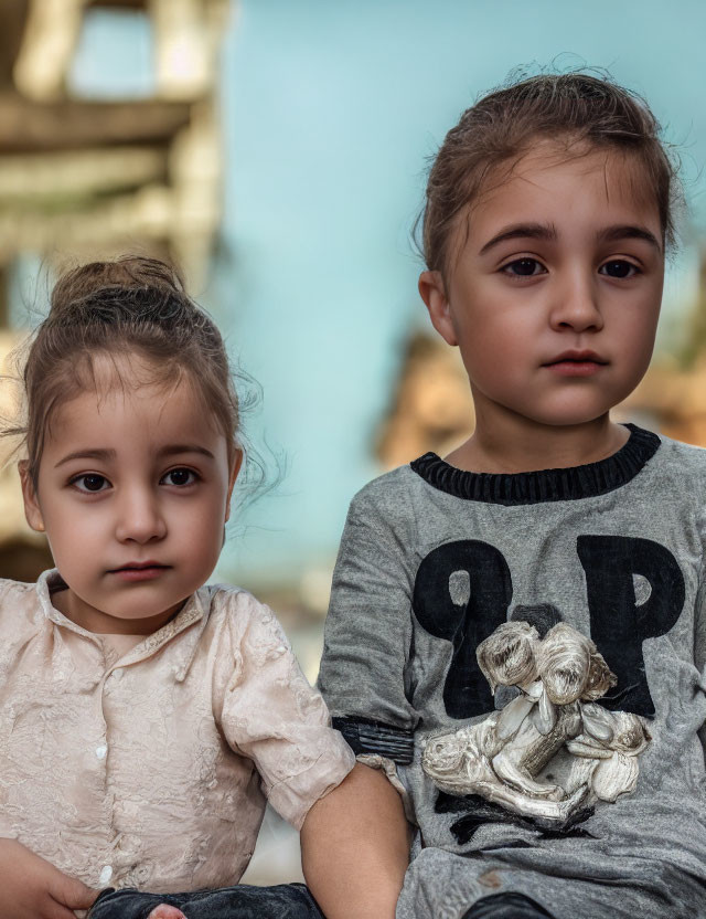 Young children in light-colored blouse and gray sweater with graphic, sitting calmly.