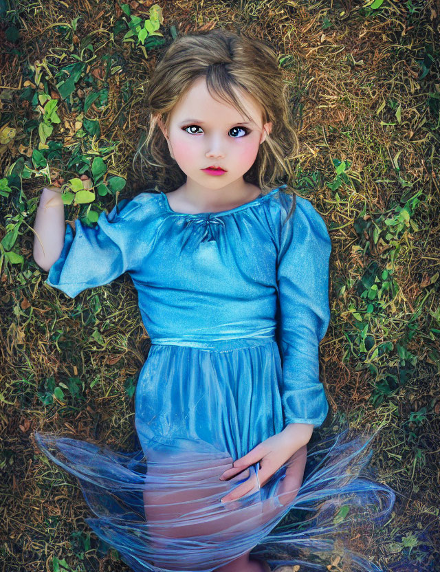 Young girl in blue dress lying on grass gazes upward