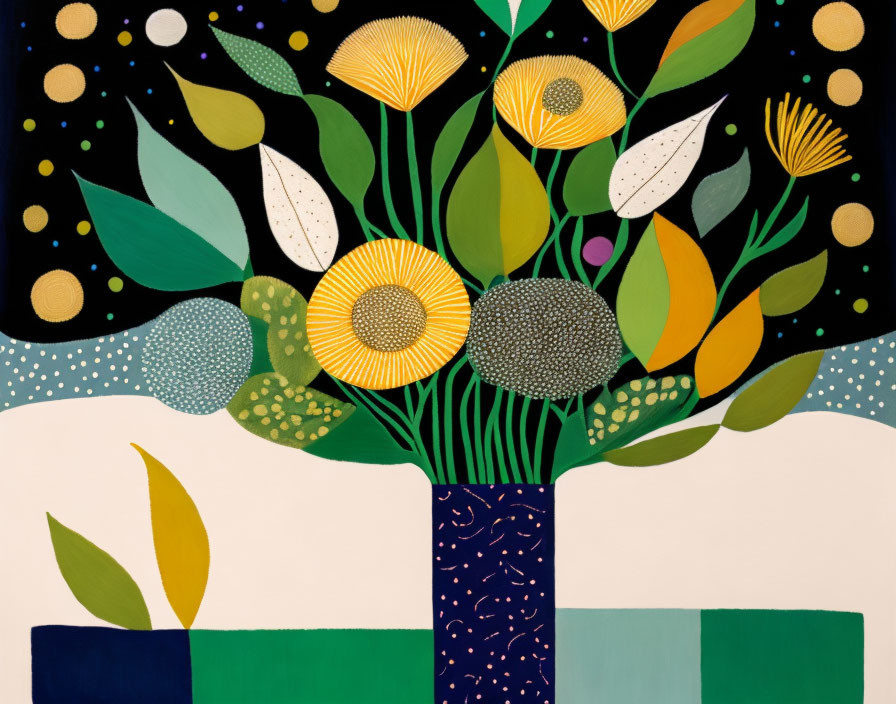 Vibrant tree painting with patterned leaves under starry night sky