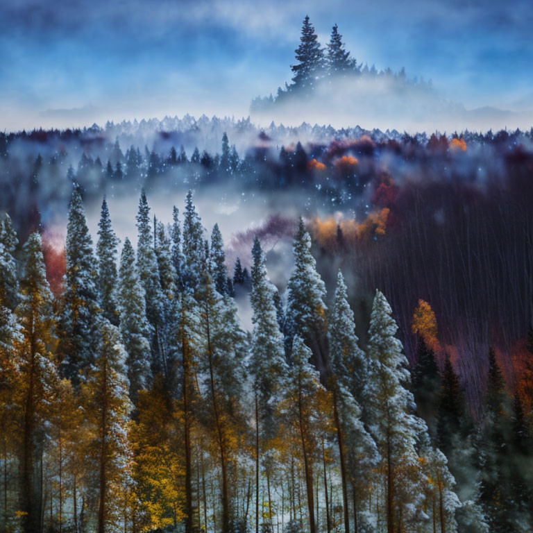 Snow-capped trees in mystical forest under twilight sky