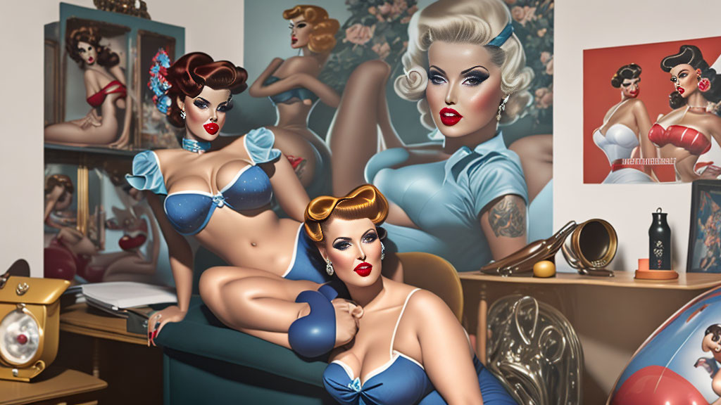 Vintage Pin-Up Style Illustration of Three Women in Artistic Room Setting