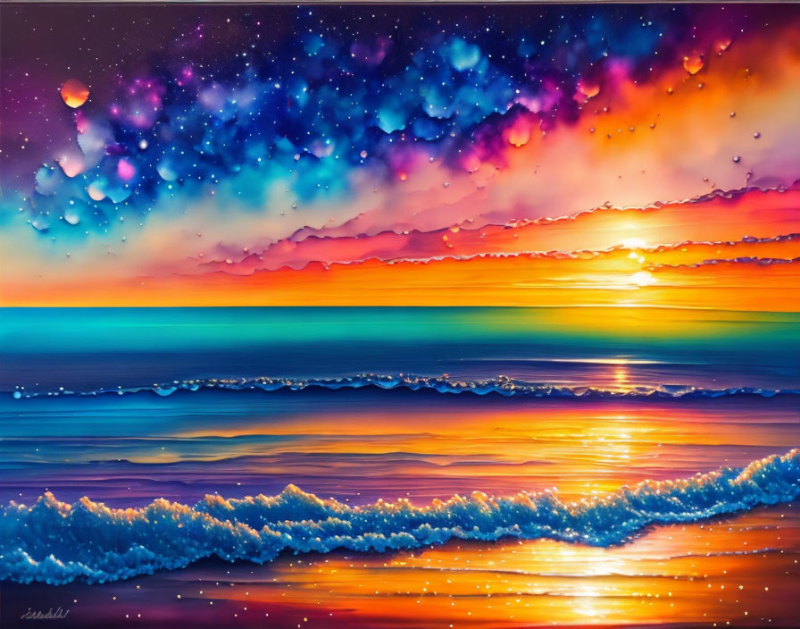 Colorful Sunset Painting with Starry Sky and Ocean Reflections