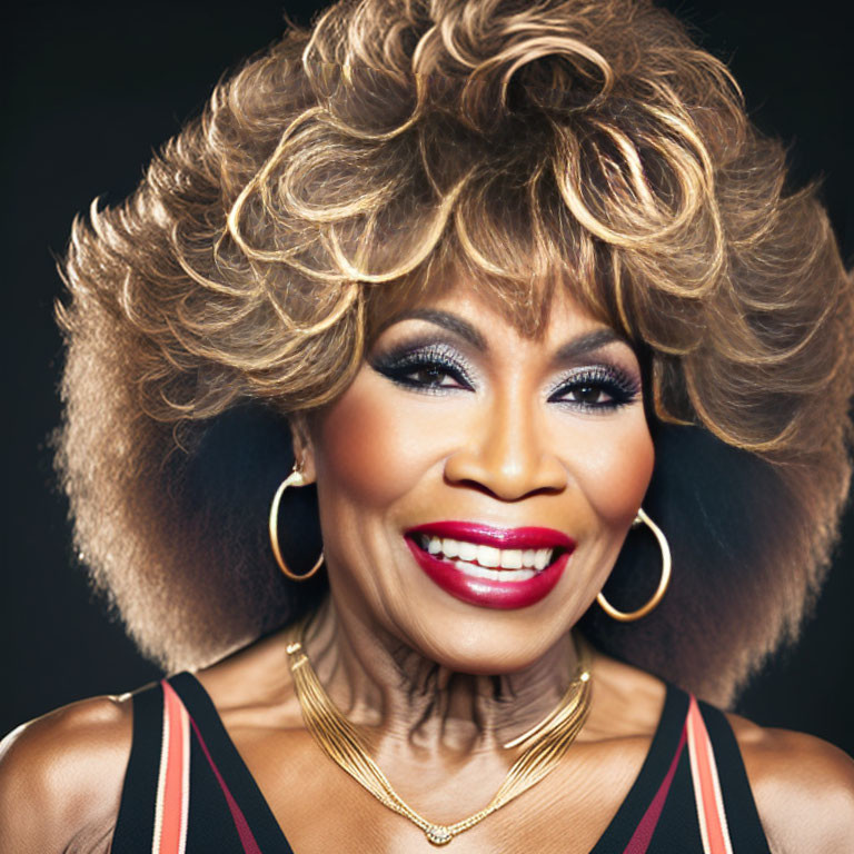 Smiling woman with curly hair, bold makeup, hoop earrings, gold necklaces