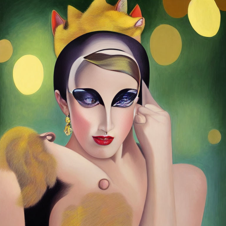 Stylized portrait of person with almond-shaped eyes and golden crown against bokeh light background