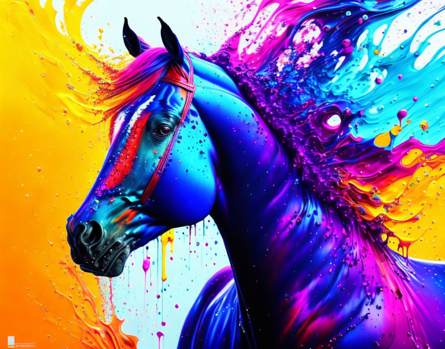 Colorful digital artwork: Horse with vibrant mane in blue, purple, orange, pink palette