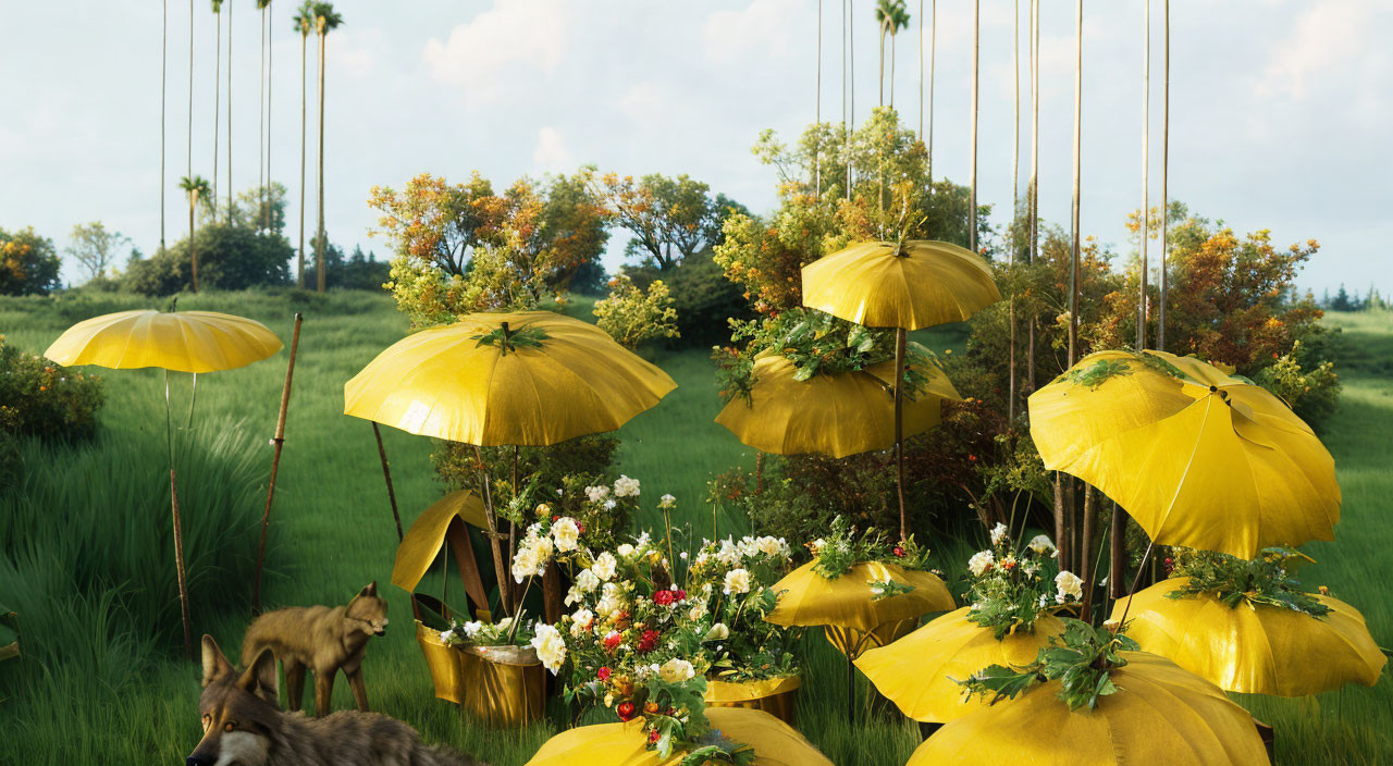 Whimsical outdoor scene with floating yellow umbrellas and a prowling coyote