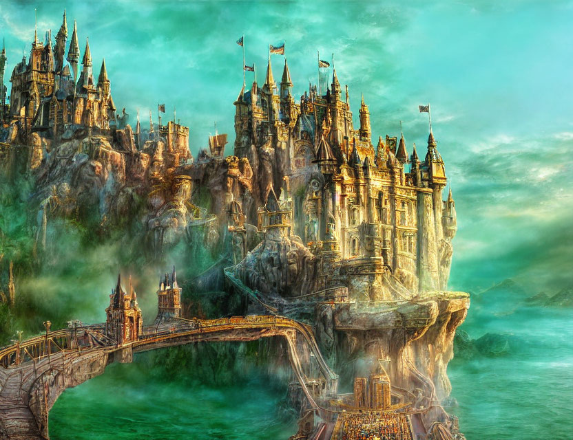 Fantastical castle with multiple spires on rugged cliffs and misty surroundings