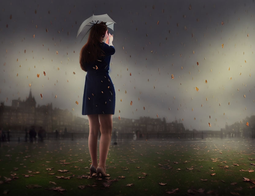 Person with umbrella in falling leaves near hazy building silhouette