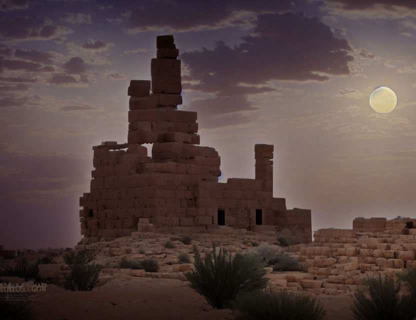 Ancient structure ruins under twilight sky with full moon and desert vegetation