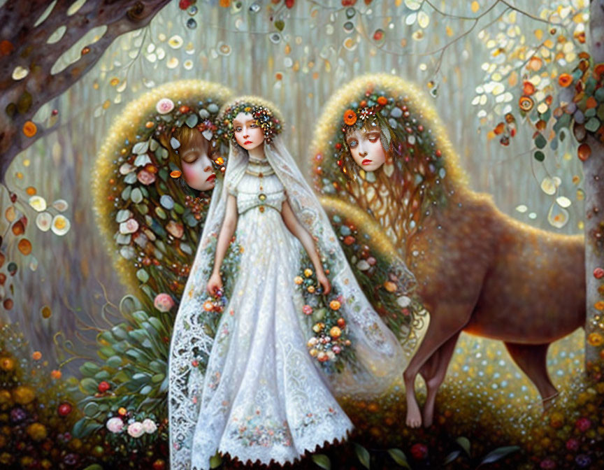 Ethereal beings with angelic wings in mystical forest