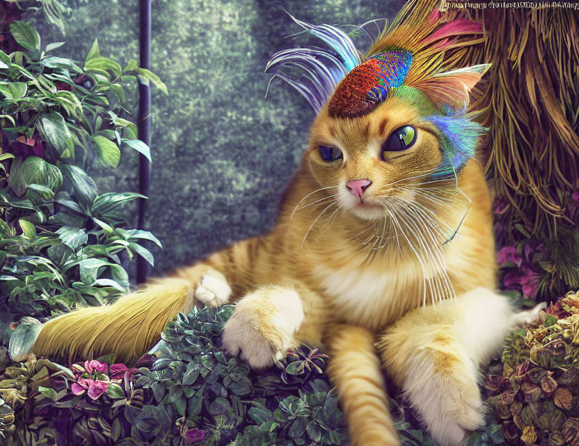 Digital artwork: Orange tabby cat with blue and green feathers in lush floral setting