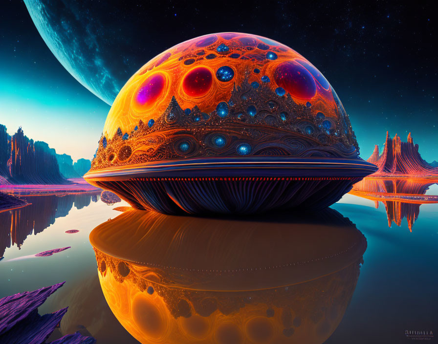 Futuristic landscape with orange dome reflecting on water