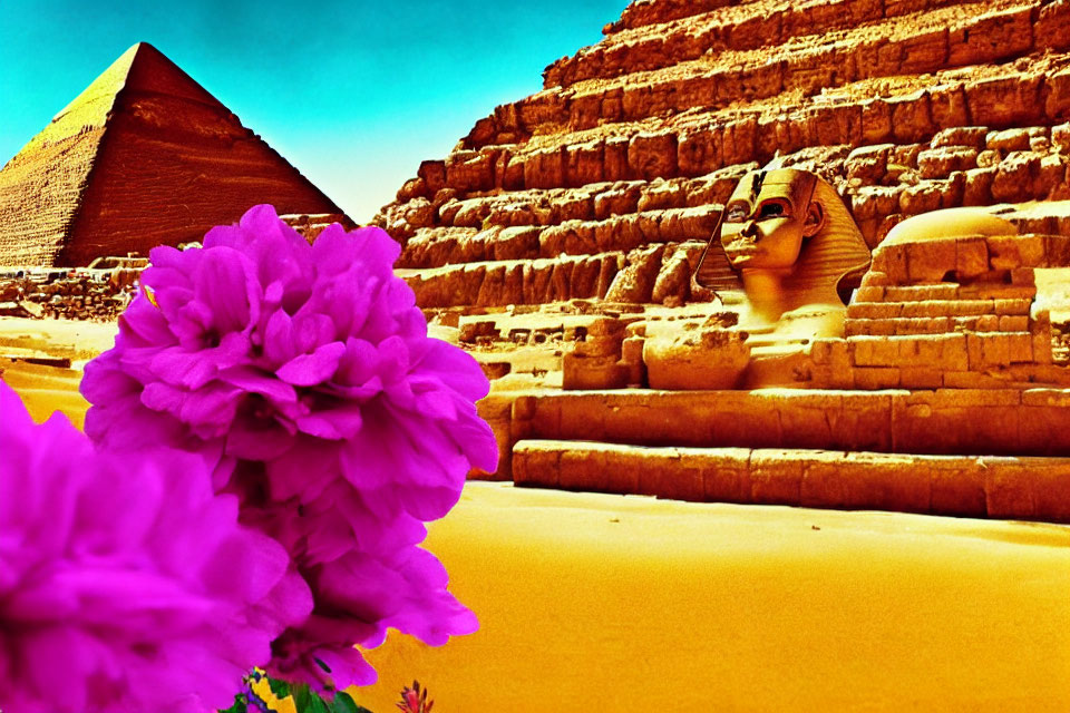 Pink flowers, Great Sphinx, and pyramid against blue sky.