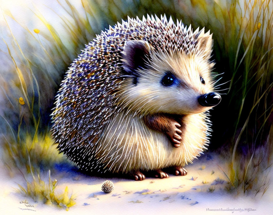 Detailed painting of cute hedgehog with bright eyes and spines on grassy backdrop