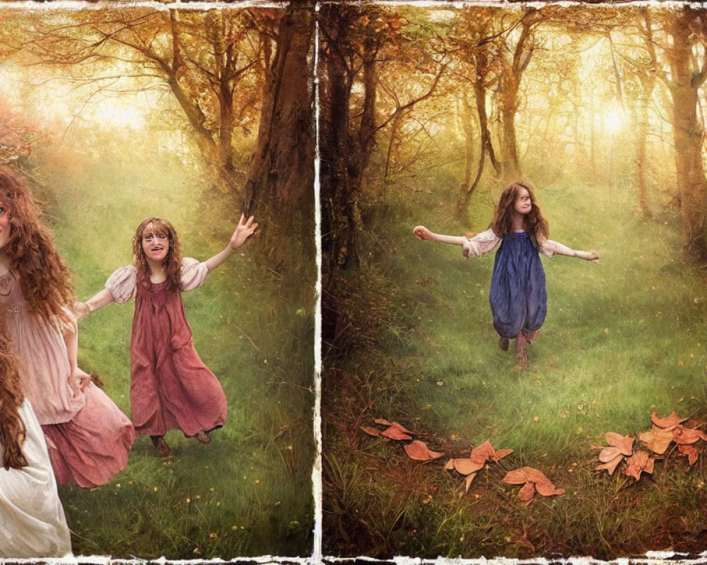 Three girls playing in a mystical forest under warm sunlight