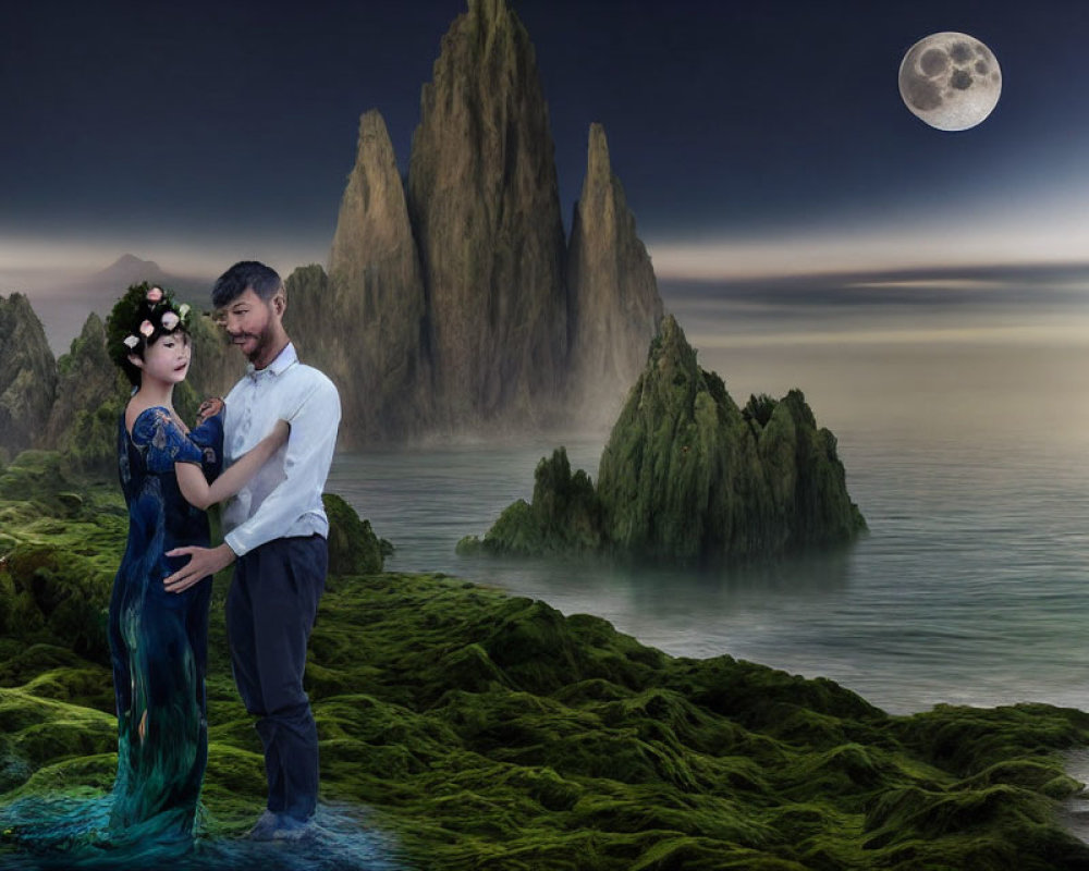 Couple in fantastical landscape with rocky spires and full moon